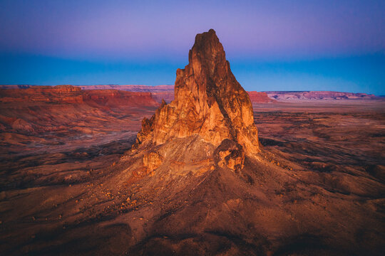Aerial view of Agathla Peak in the morning from above, Arizona