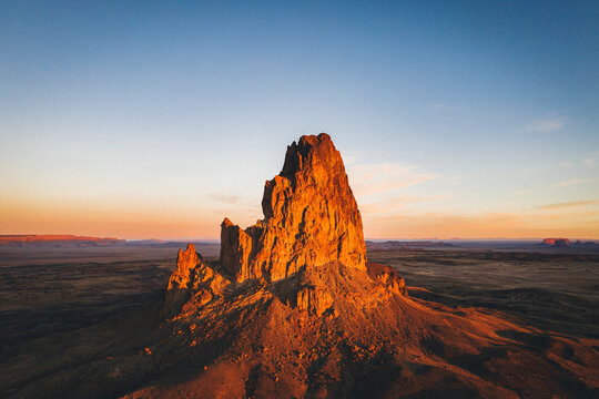 Aerial view of Agathla Peak in the morning from above, Arizona