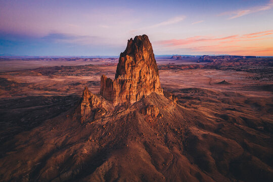 Aerial view of Agathla Peak in the morning from above, Arizona