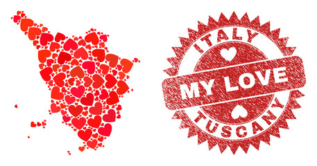 Vector mosaic Tuscany region map of lovely heart items and grunge My Love seal. Mosaic geographic Tuscany region map created with lovely hearts.