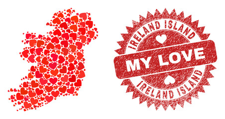 Vector mosaic Ireland Island map of love heart items and grunge My Love stamp. Collage geographic Ireland Island map constructed with love hearts.