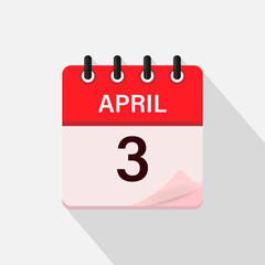 April 3, Calendar icon with shadow. Day, month. Flat vector illustration.