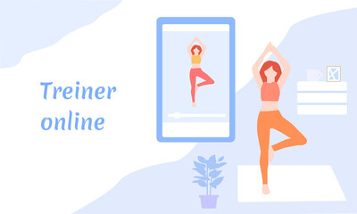 Girl engaged with online trainer, vector graphics