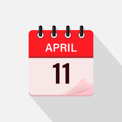 April 11, Calendar icon with shadow. Day, month. Flat vector illustration.