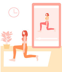 Girl is engaged in fitness online, vector graphics