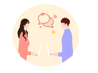 Couple communicates online on a yellow bacground, vector graphics