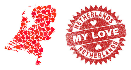 Vector mosaic Netherlands map of lovely heart items and grunge My Love seal. Collage geographic Netherlands map designed with lovely hearts.