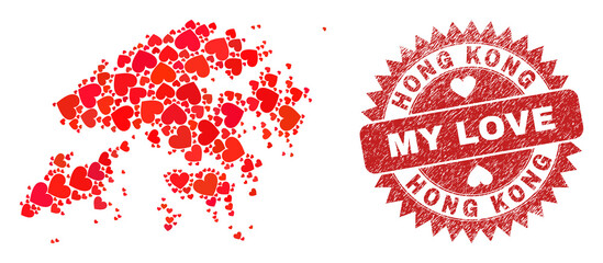 Vector collage Hong Kong map of love heart elements and grunge My Love seal stamp. Collage geographic Hong Kong map constructed with love hearts.