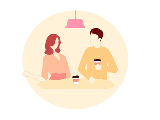 Girl and guy chat and drink coffee in cafes, vector graphics
