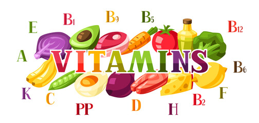 Vitamin food sources illustration.