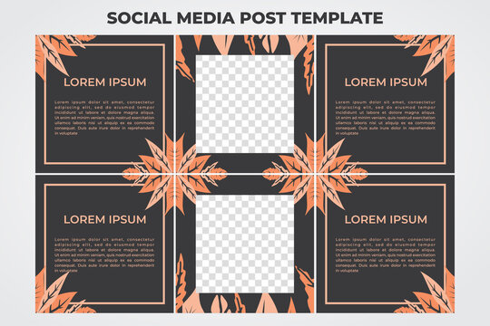 Editable square social media posts templates set, Background template with copy space for text and images with floral and leaves vector illustration. Modern social media post feed