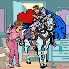 Valentines Day. A prince in love on a white horse galloped to a beautiful woman