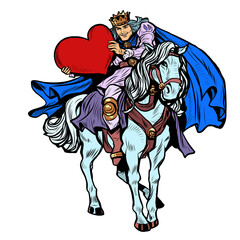 Valentine's Day. A prince in love on a white horse with a red heart