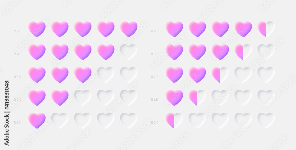 Poster neumorphic ui ux design elements 3d vector life health bar rating system bevel and emboss hearts ico