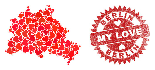 Vector collage Berlin City map of lovely heart elements and grunge My Love badge. Collage geographic Berlin City map created with valentine hearts.