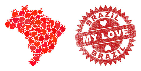 Vector collage Brazil map of love heart items and grunge My Love badge. Collage geographic Brazil map designed with lovely hearts. Red rosette seal with corroded rubber texture and my love tag.