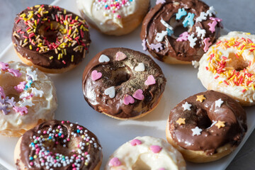 Donuts mit Schokolade und Streusel un verschiedenen Formen, Herzen, Sternen und Einhörnern auf einem weißen Teller.