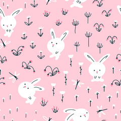Obraz na płótnie Canvas White rabbits in summer flowers and grasses with dragonflies seamless pattern. Cute characters. Baby cartoon vector in simple hand-drawn Scandinavian style. Nursery illustration on pink background.