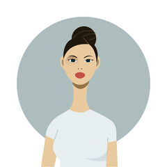 Beautiful friendly young girl with hair bun, dark hair. Cartoon style. Big blue eyes, tanned skin.
