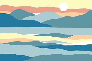 Abstract landscape. Nature, sea, waves, sky, sun, river, sea, rock mountain landscape poster. Modern minimalism. Geometric landscape background. Watercolor illustration.