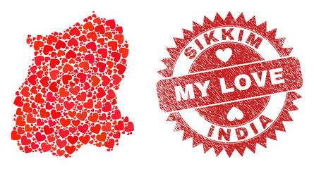 Vector mosaic Sikkim State map of lovely heart items and grunge My Love seal stamp. Collage geographic Sikkim State map designed with valentine hearts.