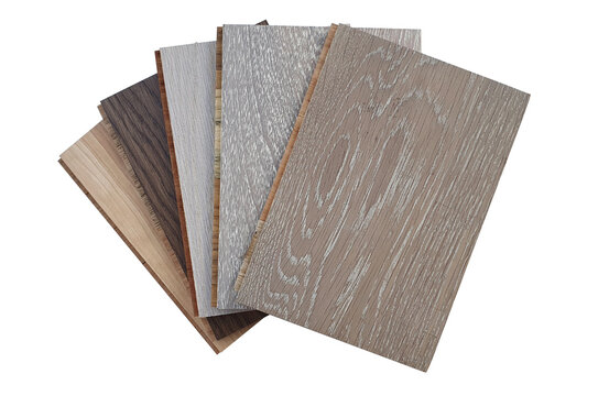 engineered hardwood or laminate flooring swatch samples in various type of wood texture, isolated on white background with clipping path. interior wooden flooring  swatch use for material board.