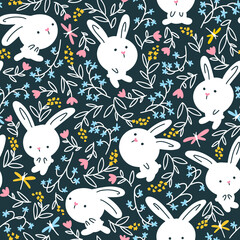 Forest rabbit seamless pattern. Cute character with flowers. Baby cartoon vector in simple hand-drawn Scandinavian style. Nursery illustration on dark background.
