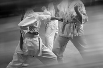 karate-do training and a healthy lifestyle. Added blur effect for more motion effect. Retro style. Black and white.