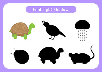 Worksheet find right shadow. Educational game for children. Trains attention and concentration.