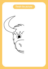 Finish the picture of yak or bull. Educational game for children. Handwriting and drawing practice. Nature theme activity for toddlers, kids.