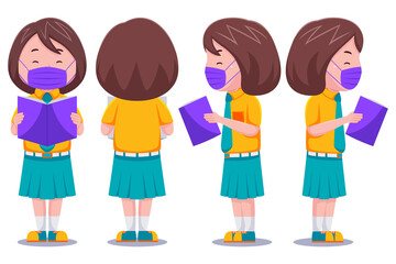 Cute kids girl student reading books in different poses.