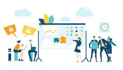 Business people, team having a meeting. People talking in front of screen, discussing the way to develop new project, working together, support and achievement. Business concept illustration