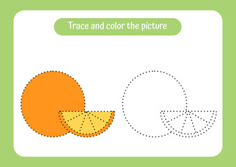 Orange. Trace and color the picture. Educational game for children. Handwriting and drawing practice. Fruit theme activity for toddlers, kids.