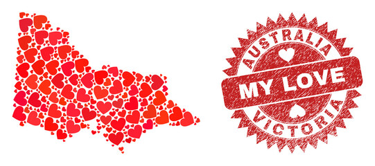 Vector mosaic Australian Victoria map of love heart items and grunge My Love seal stamp. Mosaic geographic Australian Victoria map designed with valentine hearts.
