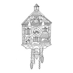Vintage German cuckoo clock. The carved retro clock is isolated on a white background. Vector drawing in the sketch style. Coloring pages for children and adults. For home design and decoration