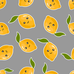 Flat smiling lemons with leave on a gray background. Seamless kawaii fruit pattern. Suitable for textile, wrapping paper.