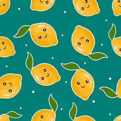 Obraz na płótnie Canvas Flat smiling lemons with leaves and white dots on a gray background. Seamless kawaii fruit pattern. Suitable for textile, wrapping paper.