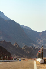 tourist bus travels on the road to Wady Megarah, Sinai, Egypt
