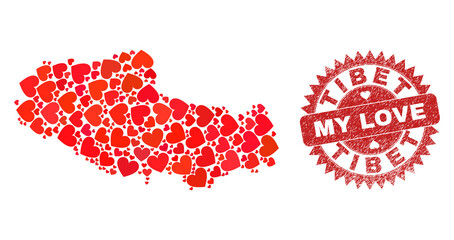 Vector mosaic Tibet map of love heart items and grunge My Love badge. Mosaic geographic Tibet map constructed with love hearts. Red rosette watermark with scratched rubber texture and my love word.