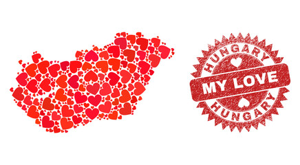 Vector collage Hungary map of love heart items and grunge My Love seal. Collage geographic Hungary map designed with love hearts. Red rosette seal with unclean rubber texture and my love text.