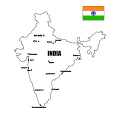 India country blank outline vector map with major cities on isolated white background and pin for travel, Asia, and geography concepts.
