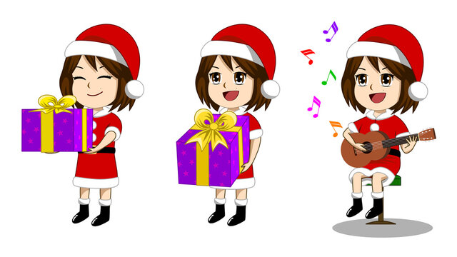 Set of vector images of girls wearing Santa Claus costume giving gifts. And play guitar It's a simple cartoon. It's flat design.