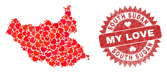 Vector mosaic South Sudan map of love heart elements and grunge My Love seal stamp. Collage geographic South Sudan map created using love hearts.