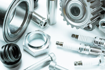 Car engine parts. Auto motor mechanic spare or automotive piece on white background. Set of new metal car part. Automobile engine service.