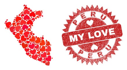 Vector mosaic Peru map of valentine heart items and grunge My Love badge. Mosaic geographic Peru map constructed with valentine hearts.
