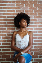 Portrait of a beautiful black woman with afro against the brick wall background