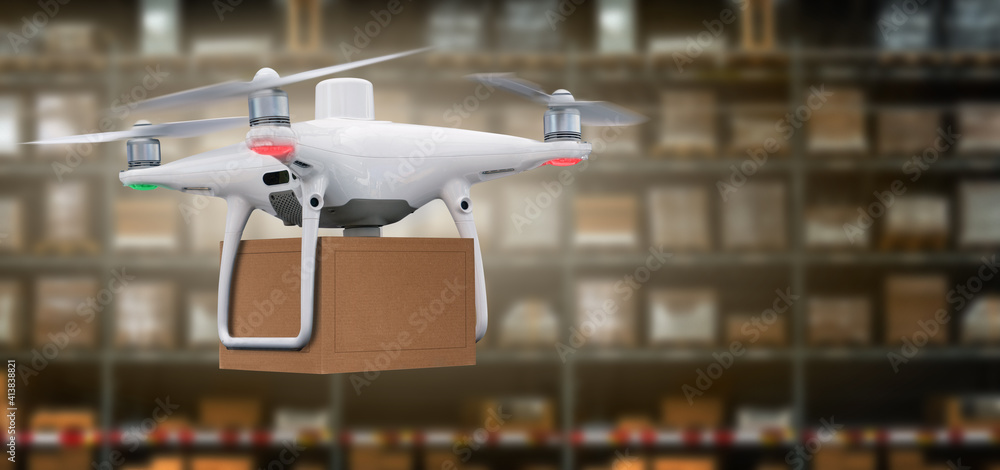 Poster drone with a package in a distribution warehouse. unmanned delivery concept