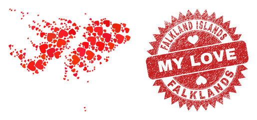 Vector collage Falkland Islands map of valentine heart items and grunge My Love badge. Collage geographic Falkland Islands map created with love hearts.