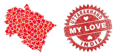 Vector mosaic Uttarakhand State map of valentine heart items and grunge My Love seal. Mosaic geographic Uttarakhand State map designed with valentine hearts.