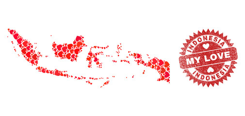 Vector mosaic Indonesia map of lovely heart items and grunge My Love seal stamp. Mosaic geographic Indonesia map constructed using lovely hearts.